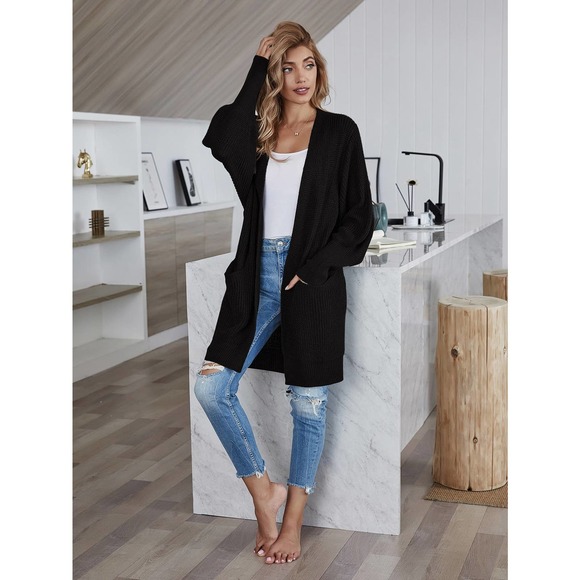 Batwing Sleeve Solid Cardigan with pockets black oversized - Picture 4 of 6